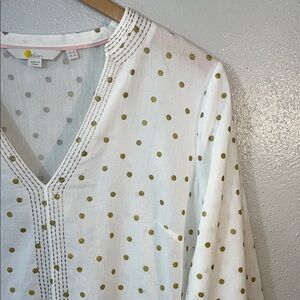 Boden 3/4 Sleeve V-Neck Gold Polka Dot Cotton Feminine Preppy Blouse Sz 10